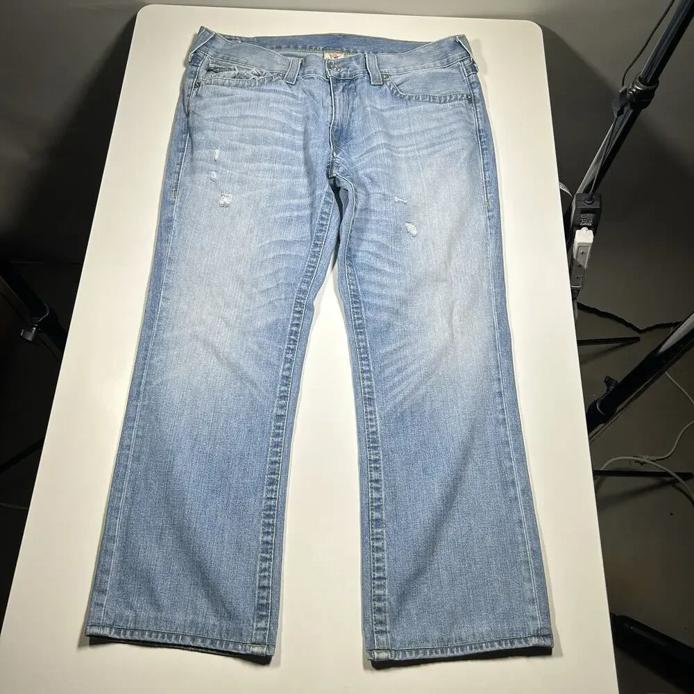 True Religion Ricky Jeans Mens 36x29.5 Light Wash Made In USA Y2K Distressed